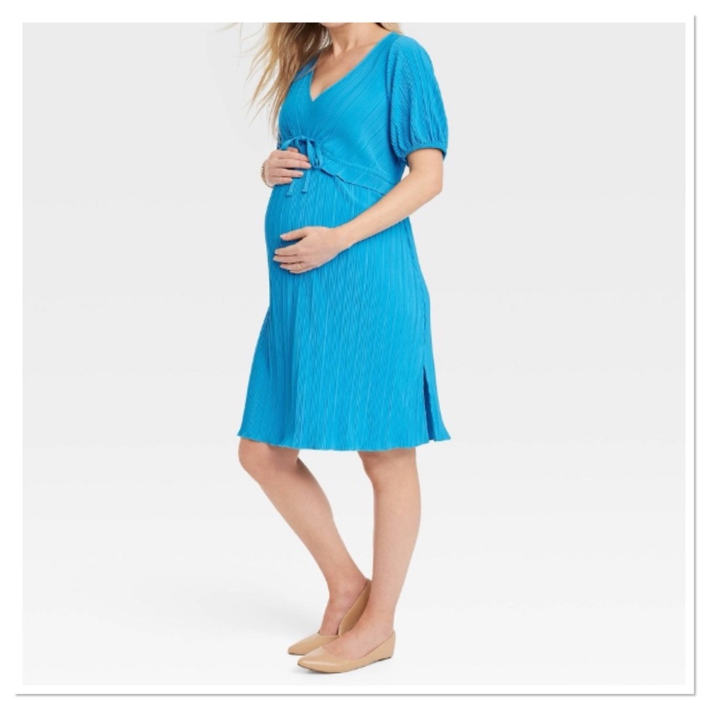 Short Sleeve Plisse Mini Maternity Empire Waist Dress Isabel & Ingrid